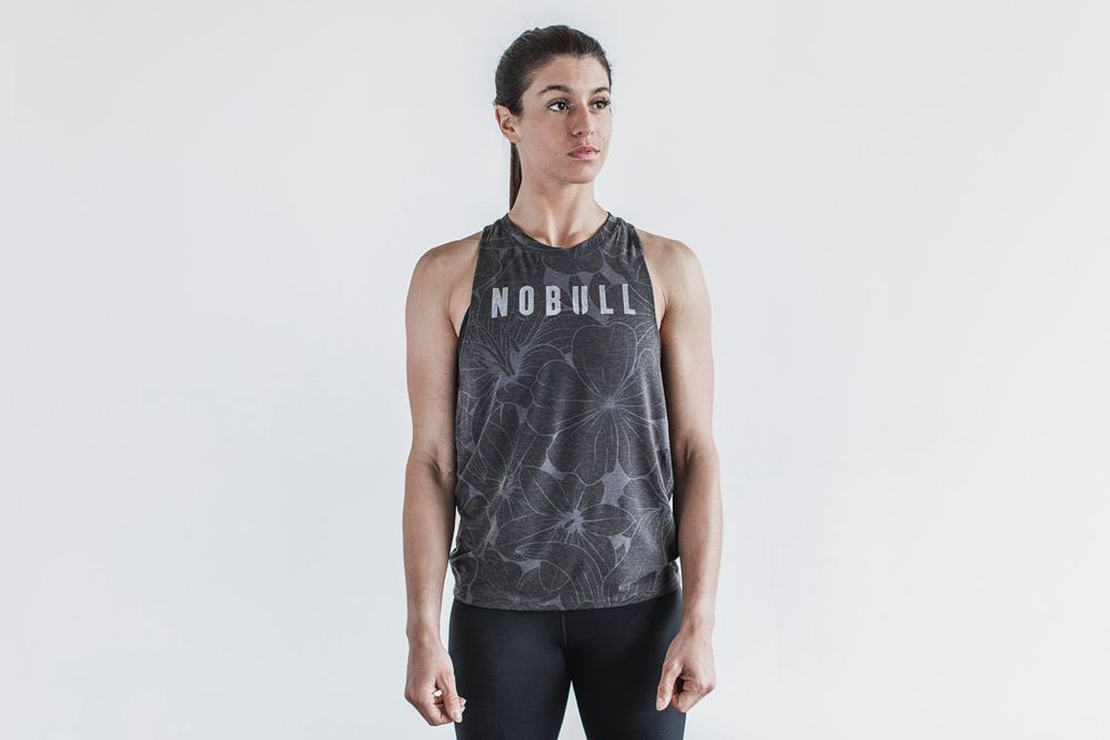 NOBULL Women's High-Neck Tank Tops - Charcoal Hibiscus - Ireland (9028SBZOM)